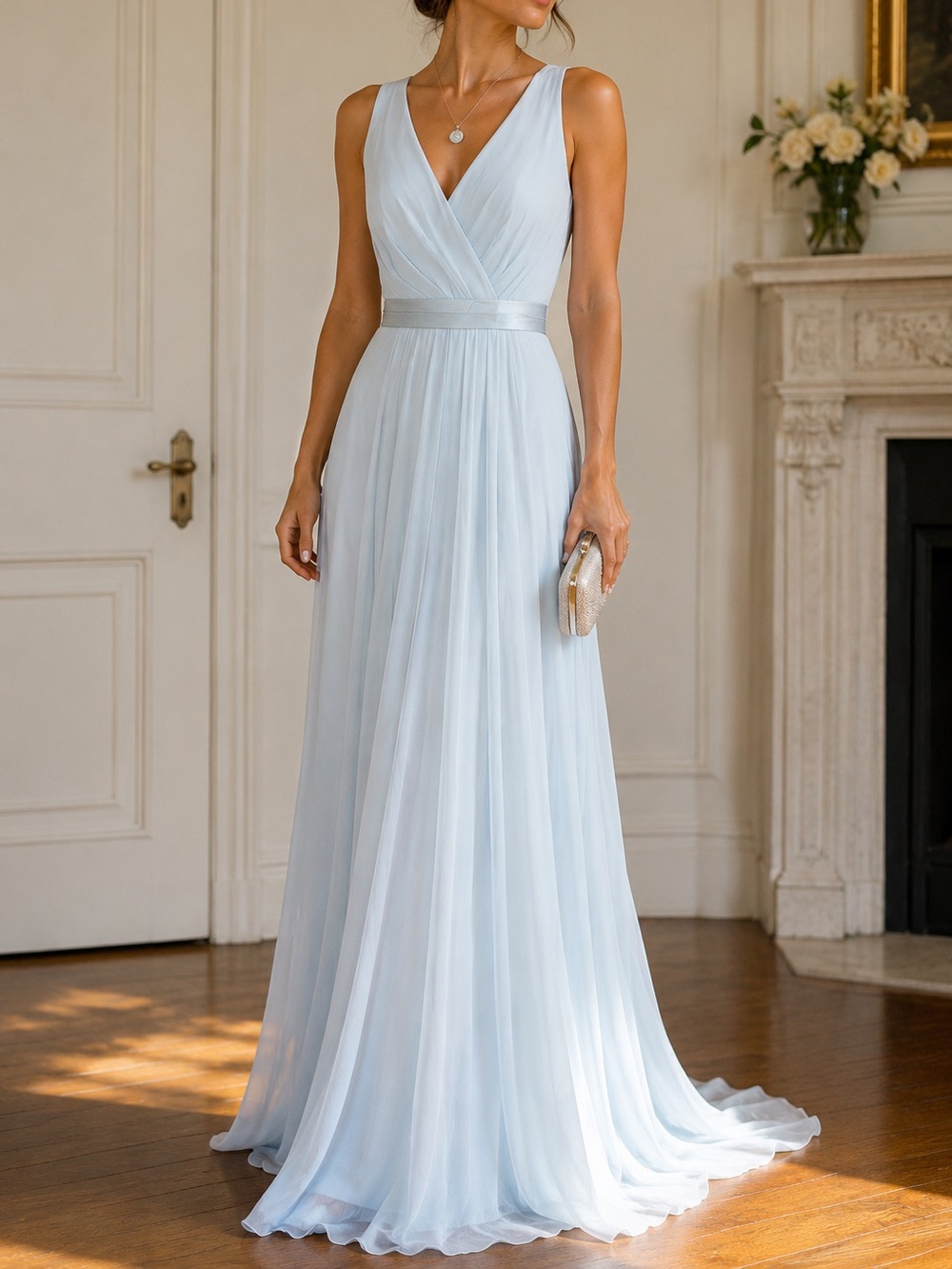 Vera Wang White Sterling Bridesmaid Gown Size 16 Ice Blue Gray Crisscross Back
